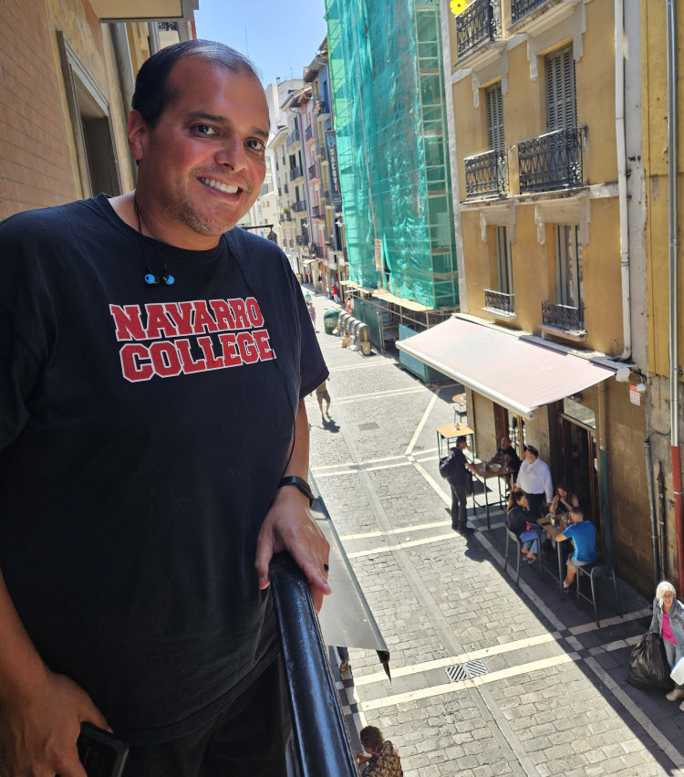 Standing on the balcony of the museum overlooking the street where the running of the bulls takes place in Pamplona