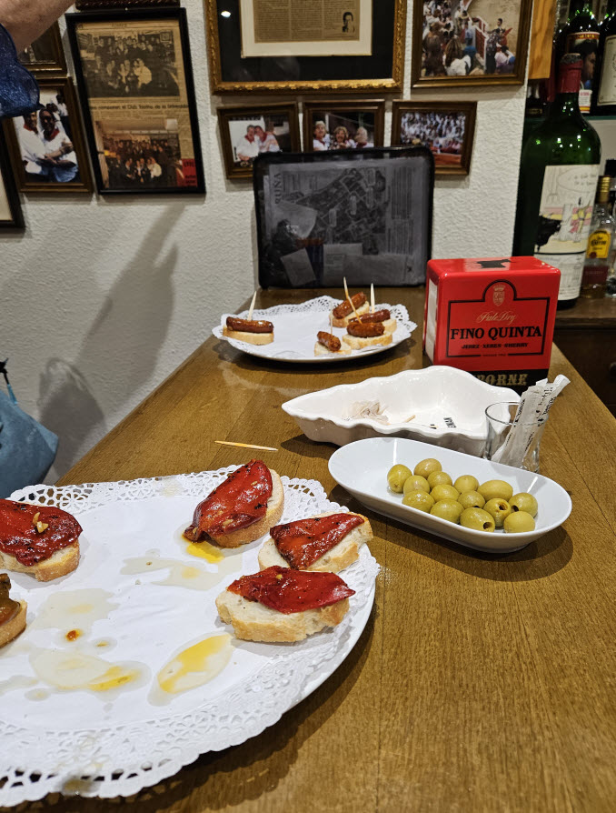 Servings of typical Basque County Foods, pintxos and olives